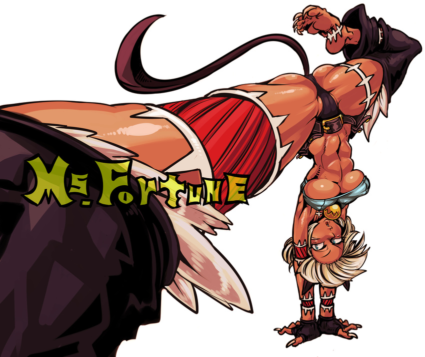 animal_ears armpits barefoot bell belt blue_eyes bob_cut breasts cameltoe cat_ears cat_tail dark_skin fingerless_gloves fingernails gloves handstand highres kicking large_breasts midriff ms._fortune_(skullgirls) scar sharp_fingernails sharp_toenails short_hair skullgirls soles solo tagane tail toenails underboob upside-down white_hair