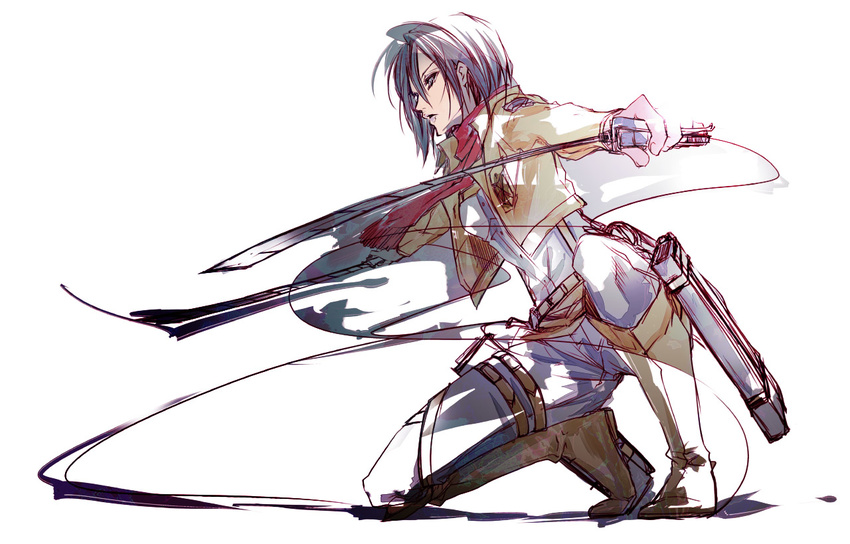 belt black_eyes black_hair boots dual_wielding emblem holding mikasa_ackerman paradis_military_uniform scarf shiinoyuko shingeki_no_kyojin short_hair solo sword thigh_strap three-dimensional_maneuver_gear weapon