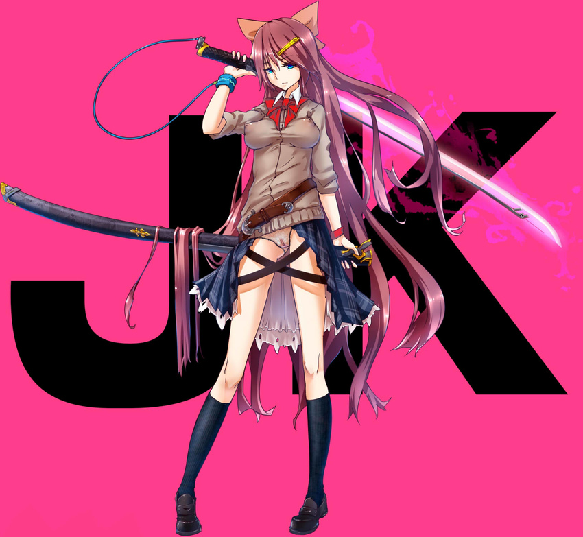 belt beltskirt black_legwear blue_eyes breasts brown_hair covered_nipples fishnet_panties fishnets hair_ornament hairclip highres impossible_clothes kneehighs loafers long_hair medium_breasts no_bra original panties pink_background pussy shoes sleeves_pushed_up solo sword underwear uniform weapon yamada_(gotyui)