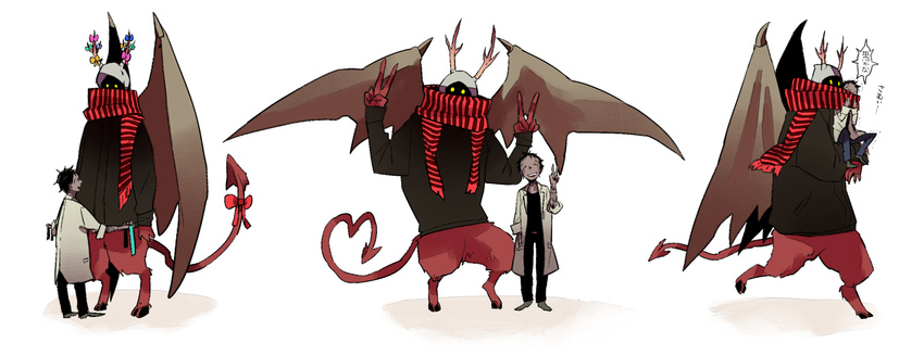 1girl ^_^ antlers bat_wings black_hair bow closed_eyes couple dark_skin demon_tail dorohedoro double_v glowing glowing_eyes happy haru_(dorohedoro) heart heart_tail height_difference hidden_face highres hooves horn_bow husband_and_wife kasukabe_(dorohedoro) labcoat open_mouth scarf shared_scarf simple_background smile tail tail_bow trembling v white_background wings
