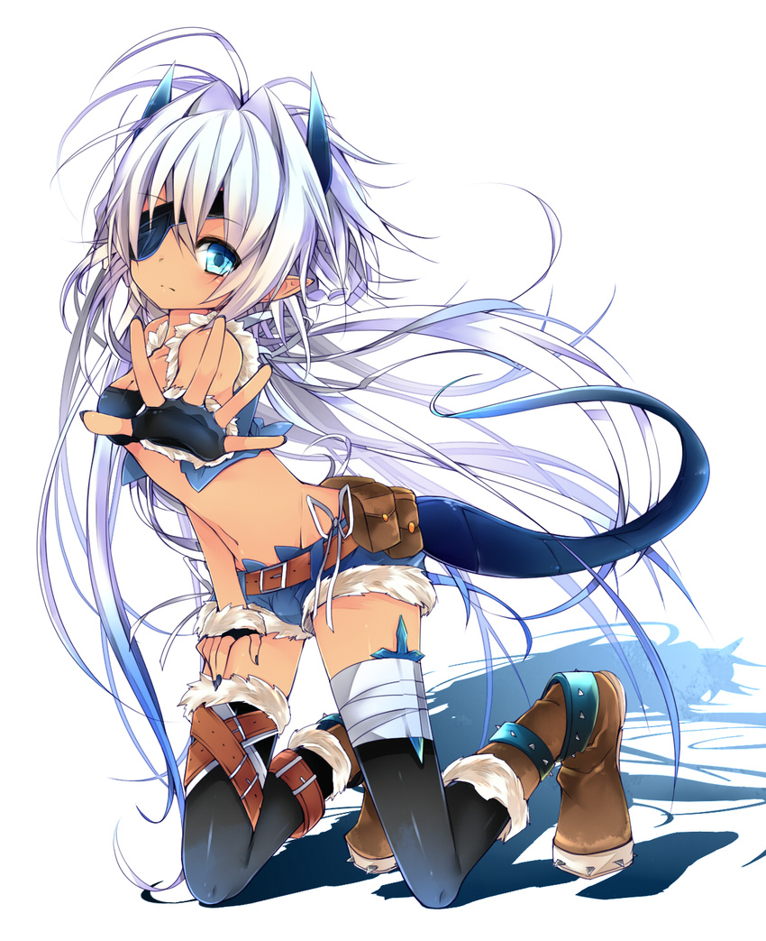 belt bikini_top black_gloves black_legwear blue_eyes blue_nails boots demon_girl demon_horns demon_tail eyepatch fingerless_gloves gloves highres horns kneeling knife leeannpippisum long_hair looking_at_viewer midriff nail_polish navel open_clothes open_vest original outstretched_arm outstretched_hand pocket pointy_ears revealing_clothes shadow short_shorts shorts silver_hair simple_background solo succubus tail thighhighs very_long_hair vest white_background