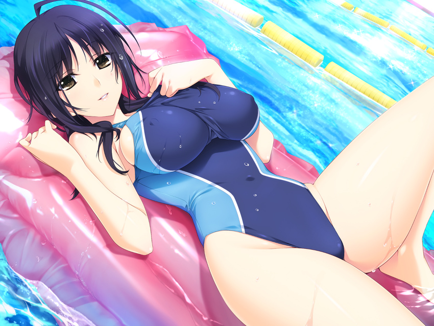 ahoge bare_legs black_hair breasts brown_eyes competition_swimsuit covered_navel covered_nipples dutch_angle game_cg highleg highleg_swimsuit iizuki_tasuku inflatable_raft izumi_wakoto lane_line large_breasts looking_at_viewer lovely_x_cation_2 lying on_back one-piece_swimsuit parted_lips pool short_hair skin_tight smile solo swimsuit water wet wet_hair