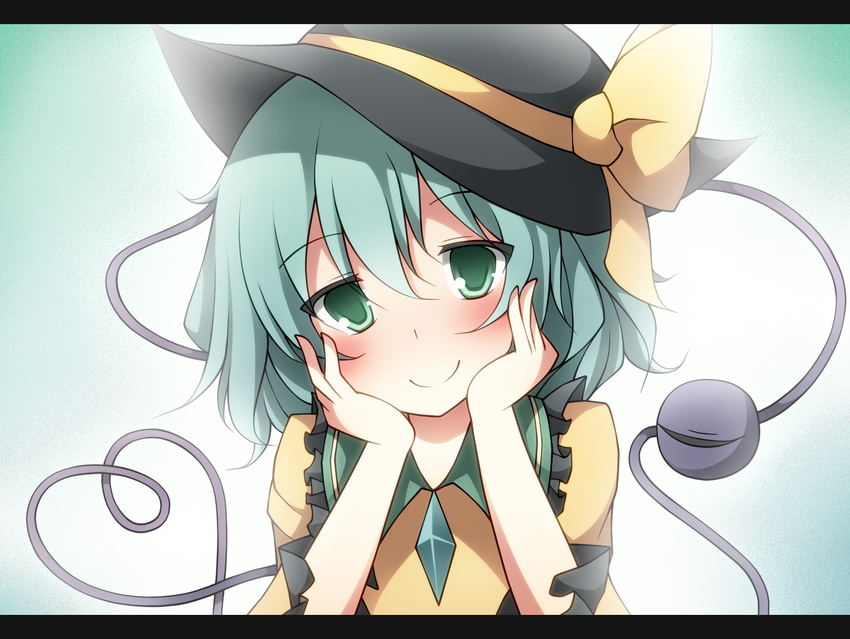 blush chin_rest creta_(taku10) eyeball green_eyes green_hair hands_on_own_cheeks hands_on_own_face hat heart heart_of_string komeiji_koishi letterboxed looking_at_viewer short_hair smile solo third_eye touhou