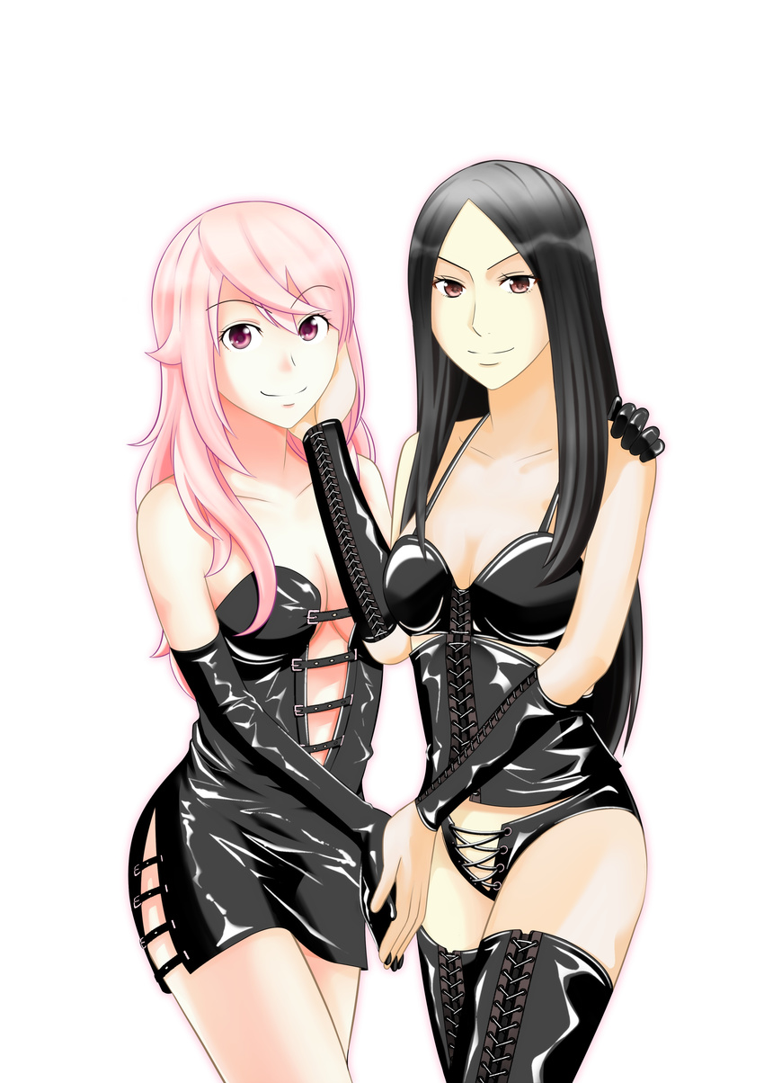 2girls absurdres artist_request black_hair boots corset dominatrix elbow_gloves gloves highres latex leather multiple_girls next_gate_1999 pink_eyes pink_hair red_eyes