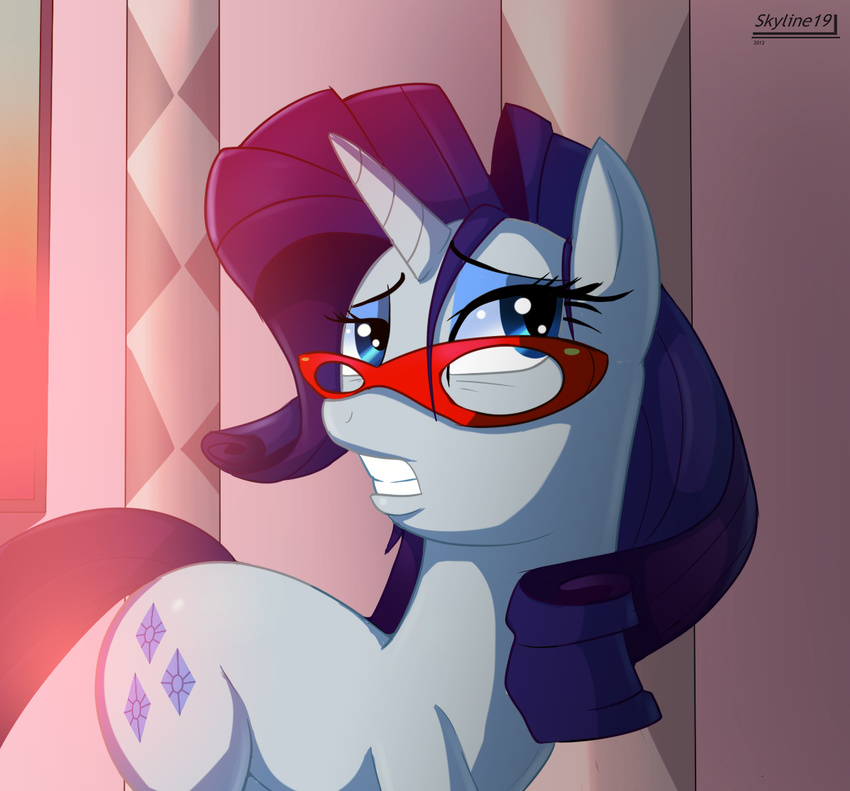 cutie_mark equine eyeshadow eyewear female feral friendship_is_magic fur glasses hair horn horse makeup mammal messy_hair my_little_pony pony purple_hair rarity_(mlp) skyline19 solo sunset unicorn white_fur worried