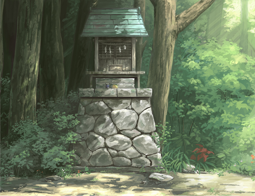 bad_pixiv_id box copyright_request donation_box kinoto_(ruindivinity) nature no_humans rope scenery shide shimenawa shrine stone_wall tree wall