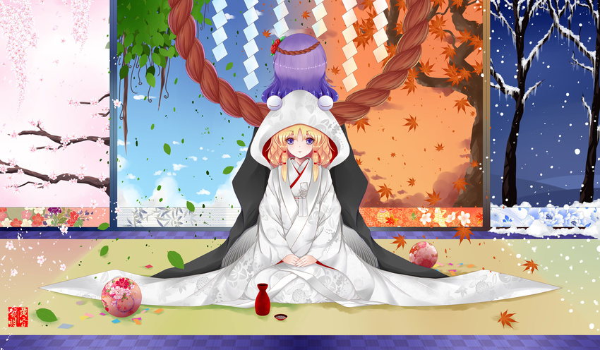 alcohol alternate_costume autumn autumn_leaves back-to-back bad_id bad_pixiv_id ball black_dress blonde_hair blue_sky bottle cherry_blossoms choko_(cup) cloud cloudy_sky cup dclockwork dress floral_print hair_ornament hair_ribbon highres hood japanese_clothes kimono leaf long_sleeves looking_at_viewer moriya_suwako multiple_girls petals purple_eyes purple_hair red_sky ribbon rope sake seasons shimenawa sitting sky snow snowing spring_(season) spring_onion summer temari_ball tokkuri touhou tree uchikake v_arms white_dress wide_sleeves wife_and_wife winter yasaka_kanako yuri