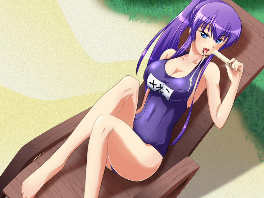 1girl 4:3 breasts busujima_saeko candy highschool_of_the_dead large_breasts lollipop ponytail solo swimsuit