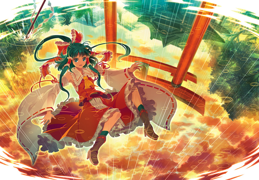 ascot black_hair boots bow brown_hair cloud detached_sleeves falling frilled_skirt frills full_body gohei hair_bow hair_tubes hakurei_reimu long_hair rain reflection shrine skirt skirt_set solo torii touhou tree wide_sleeves zounose