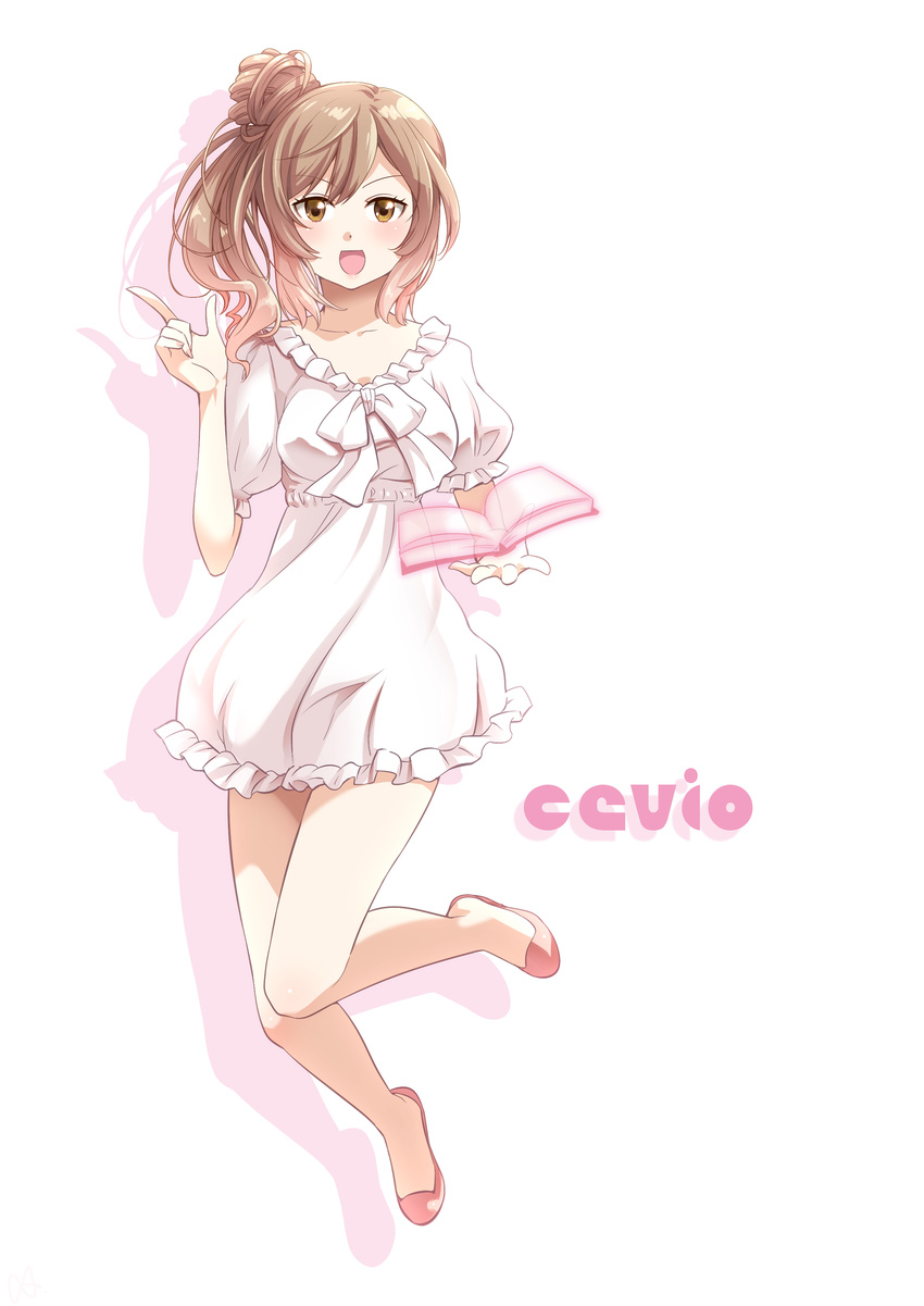 absurdres book brown_eyes brown_hair caffein cevio dress highres long_hair no_socks open_mouth pointing satou_sasara shoes side_ponytail smile solo transparent white_dress