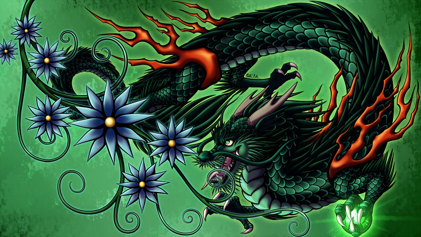 4_toes chinese_dragon dragon feral flower flying glowing green_background green_body green_eyes green_scales green_theme hair happy looking_away open_mouth plain_background ratte scalie sharp_teeth signature solo teeth tongue tongue_out