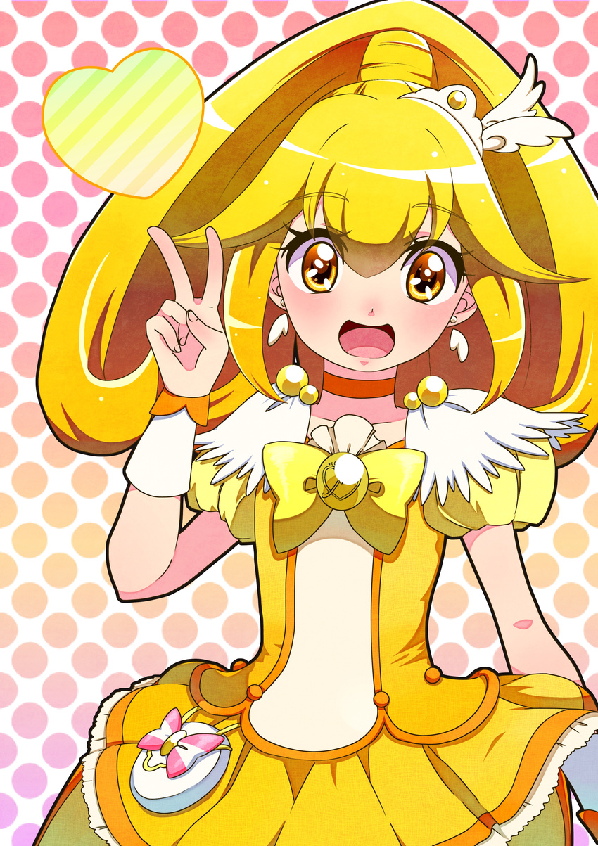 absurdres bad_id bad_pixiv_id blonde_hair bow choker cure_peace earrings hair_flaps heart highres jewelry kise_yayoi long_hair magical_girl open_mouth polka_dot polka_dot_background ponytail precure skirt smile smile_precure! solo tiara v wrist_cuffs yellow yellow_bow yellow_eyes yellow_skirt yupiteru
