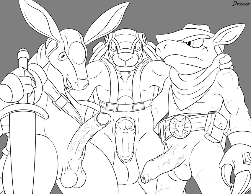 armadillo armadillo_knight armor armored_armadillo balls black_and_white cowboy_hat dillion dillions_rolling_western dillon dillon's_rolling_western dracovar_valeford erection galan gallan gay gloves grey_background group hat line_art looking_at_viewer male mega_man_(series) megaman_x monochrome nude penis plain_background scarf sheath sword vein veiny_penis weapon