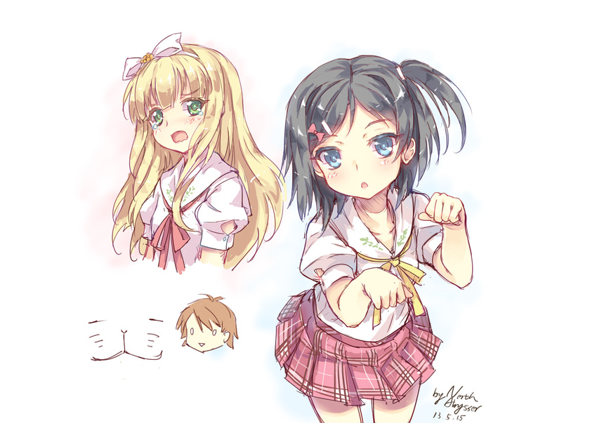 2girls :3 antenna_hair azuki_azusa black_hair blonde_hair blue_eyes bow brown_hair cat collarbone green_eyes hair_bow hair_ornament hairband hairclip hentai_ouji_to_warawanai_neko. highres multiple_girls north_abyssor open_mouth paw_pose puffy_sleeves school_uniform short_hair short_sleeves side_ponytail tears tsutsukakushi_tsukiko white_background yokodera_youto