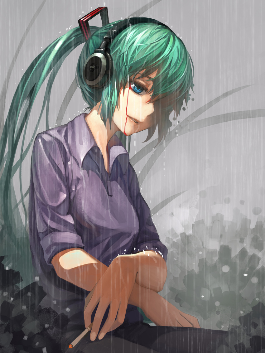 absurdres aqua_hair bad_id bad_pixiv_id blood bloody_tears blue_eyes cigarette fingers hair_over_one_eye hands hatsune_miku headphones highres long_hair lu_ying parted_lips rain ringed_eyes sleeves_rolled_up solo twintails vocaloid x_arms