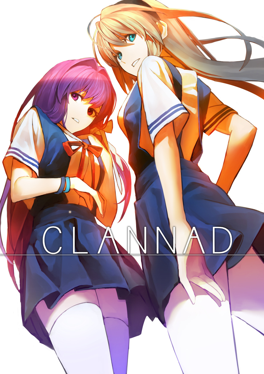 absurdres aqua_eyes bad_id bad_pixiv_id banned_artist clannad copyright_name fujibayashi_kyou hair_ribbon hairband highres hikarizaka_private_high_school_uniform jandy long_hair multiple_girls purple_eyes purple_hair ribbon sakagami_tomoyo school_uniform thighhighs