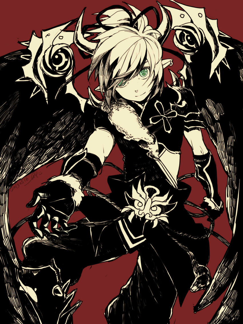 2013 aqua_eyes chung_seiker dated earrings elsword gloves highres ivy60530 jewelry male_focus monochrome pants pointy_ears red_background smile solo spot_color symbol-shaped_pupils wings