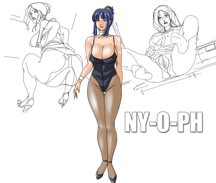 ass bangs blue_eyes blue_hair blunt_bangs breasts bunnysuit censored cleavage detached_collar glasses high_heels large_breasts legs_up leotard leotard_aside lipstick long_hair makeup mound_of_venus multiple_girls ny-o-ph off_shoulder pantyhose ponytail pussy sitting sketch solo_focus spread_legs squatting standing thighs torn_clothes torn_pantyhose wristband