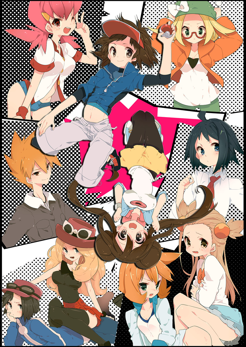 6+girls akane_(pokemon) bel_(pokemon) black_hair black_legwear blonde_hair blush bow brown_hair calme_(pokemon) cheren_(pokemon) double_bun eyewear_on_head glasses hat hat_bow highres holding holding_poke_ball jacket jewelry kasumi_(pokemon) kyouhei_(pokemon) long_hair mei_(pokemon) mikan_(pokemon) multiple_boys multiple_girls nakamura_sandayo necklace one_eye_closed ookido_green open_clothes open_jacket orange_hair pleated_skirt poke_ball pokemon pokemon_(game) pokemon_bw2 pokemon_hgss pokemon_xy serena_(pokemon) shorts sitting sitting_on_person skirt sunglasses thighhighs twintails two_side_up visor_cap