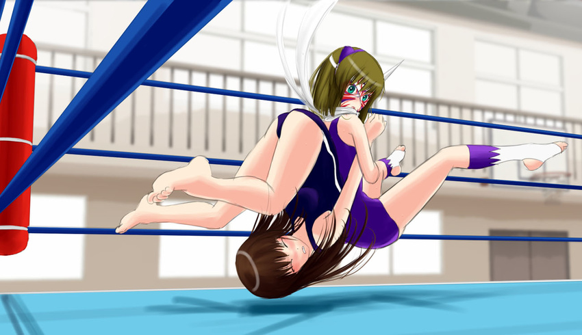 #13 2girls alternate_costume animal_ears arena ayano_(#13) bare_legs barefoot blue_eyes blush brown_hair cat_ears feet multiple_girls soles sumire_(#13) tears toeless_legwear toes wrestling wrestling_ring