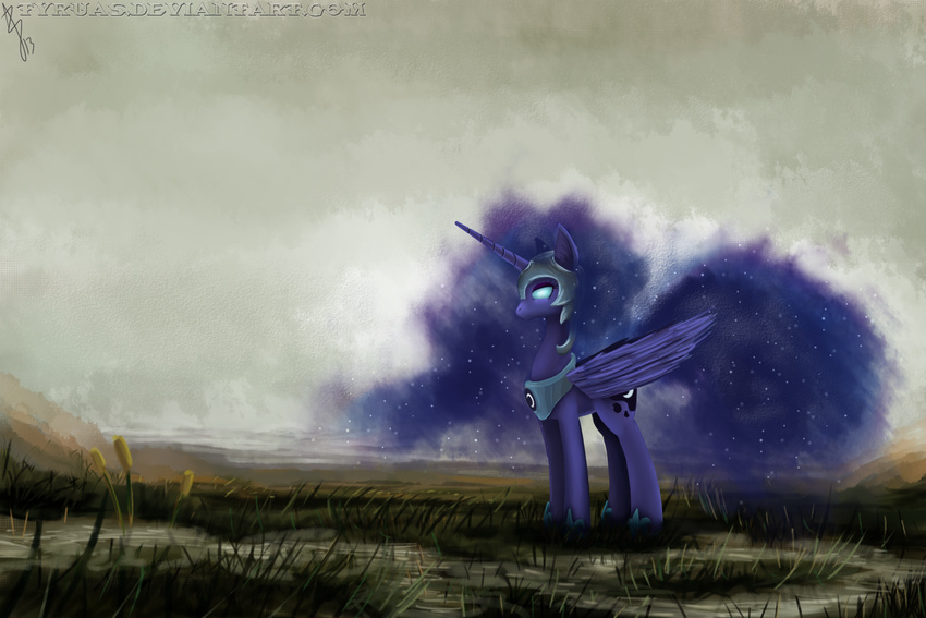 blue_body blue_eyes blue_hair cutie_mark equine female feral friendship_is_magic grass hair helmet horn mammal my_little_pony nightmare_moon_(mlp) outside princess_luna_(mlp) sky solo tyruas water winged_unicorn wings