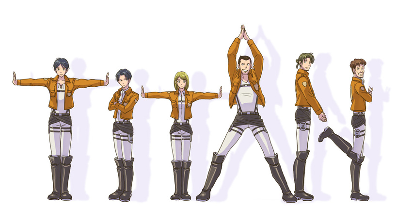 5boys arms_up auruo_bossard black_hair blonde_hair boots brown_hair crossed_arms erd_gin eren_yeager gunter_shulz jacket letter_pose levi_(shingeki_no_kyojin) multiple_boys outstretched_arms paradis_military_uniform petra_ral shingeki_no_kyojin short_hair simple_background smile spread_arms standing suspenders thigh_strap three-dimensional_maneuver_gear white_background yappo_(point71)