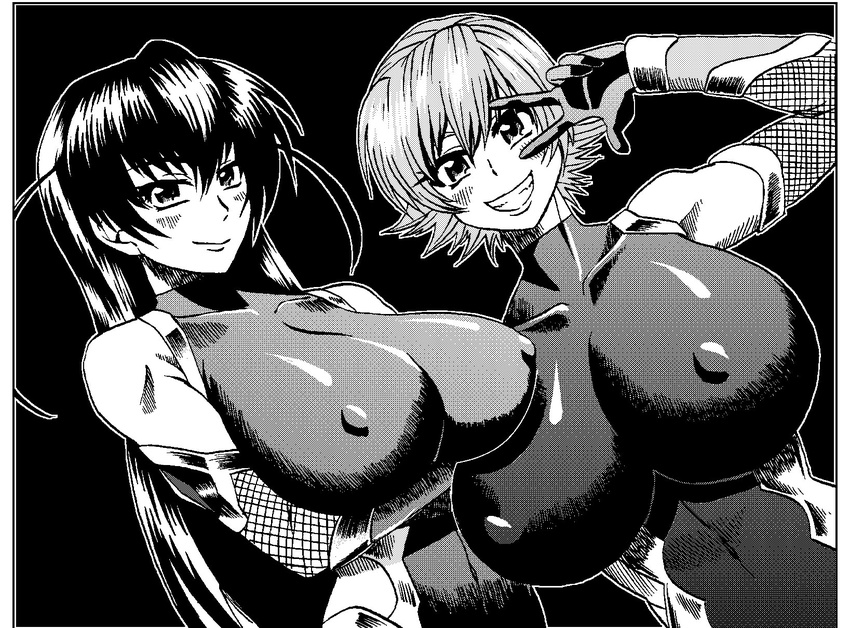 2girls bodysuit breasts highres igawa_asagi igawa_sakura large_breasts monochrome multiple_girls smile taimanin_asagi v