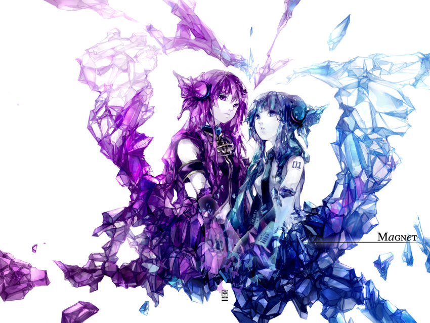 blue_eyes blue_hair butterfly_hair_ornament crystal hair_ornament hatsune_miku long_hair magnet_(vocaloid) megurine_luka multiple_girls oxalicacid purple_eyes purple_hair vocaloid