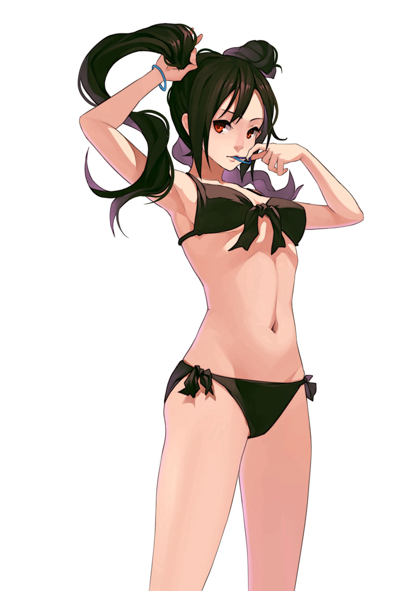 adjusting_hair arm_up armpits bikini black_bikini black_hair bunching_hair fkey front-tie_top highres long_hair mouth_hold navel original red_eyes side-tie_bikini simple_background solo swimsuit twintails tying_hair white_background wristband
