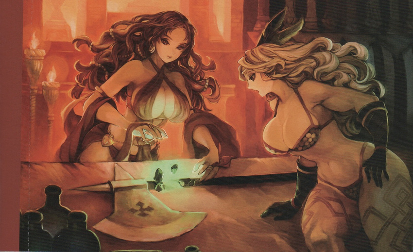 amazon_(dragon's_crown) armlet armor bikini_armor black_hair blonde_hair breasts character_request circlet cleavage criss-cross_halter dragon's_crown earrings feathers gloves hair_feathers halberd halter_top halterneck jewelry kamitani_george large_breasts long_hair morgan_rizilia multiple_girls muscle muscular_female no_hat no_headwear official_art polearm repairing ring scan scan_artifacts sepia tattoo thick_thighs thighs vanillaware wavy_hair weapon