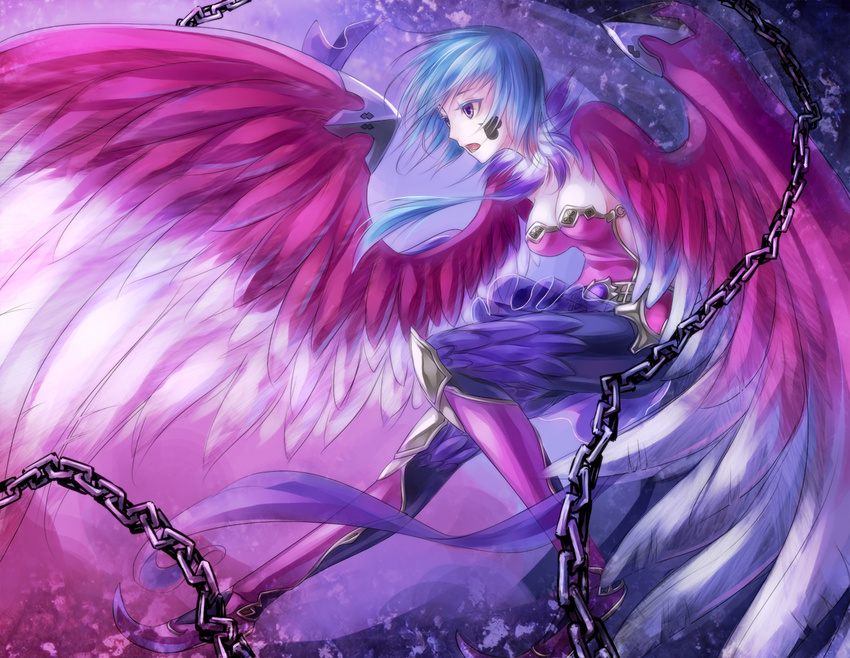 1girl blue_hair breasts chains harpy monster_girl purple_eyes short_hair sukumo_(kemutai)