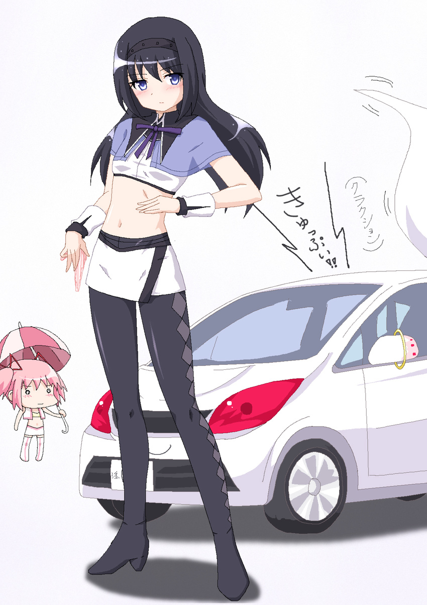 adapted_costume akemi_homura argyle argyle_legwear black_hair black_legwear blush car crotch_seam ground_vehicle hayashiya_zankurou highres kaname_madoka kyubey long_hair mahou_shoujo_madoka_magica midriff miniskirt motor_vehicle multiple_girls navel objectification panties pantyhose pink_hair purple_eyes race_queen short_hair skirt thighhighs twintails umbrella underwear white_legwear