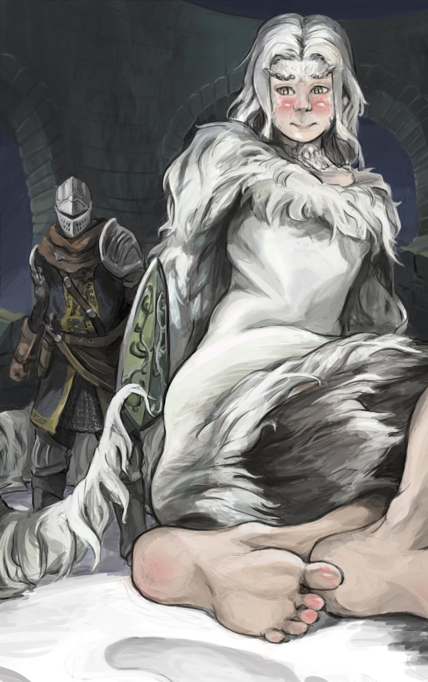 ambiguous_gender bad_deviantart_id bad_id barefoot blush choker chosen_undead dagger dark_souls dragon_girl dress embarrassed eyebrows feet footprints fur fur_trim giantess highres knight long_hair monster_girl priscilla_the_crossbreed scarf shield slit_pupils snow soles souls_(from_software) thick_eyebrows toes weapon white_dress white_hair yellow_eyes zealk