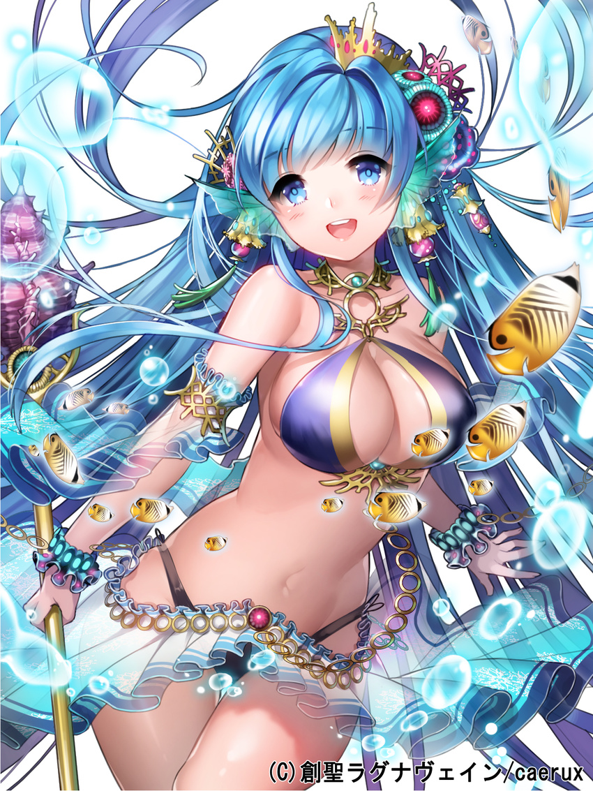 aile_(crossroads) armlet bare_shoulders blue_eyes blue_hair bracelet breasts cleavage cleavage_cutout fish hair_ornament highres hips jewelry large_breasts long_hair midriff navel shiny shiny_skin smile solo sousei_ragnavein staff thigh_gap water_drop