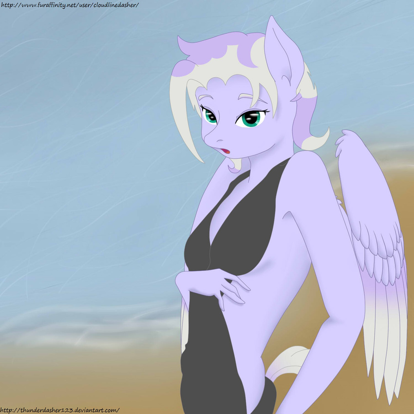 anthro anthrofied beach blue_fur clothing cloudline cloudline_dasher cloudline_dasher_(artist) cloudlinedasher cutie_mark dasher equestria equine female friendship_is_magic fur green_eyes hair horse little looking_at_viewer mammal multi-colored_hair my_little_pony original_character pegasi pegasus pony seaside short_hair side_view solo water wings