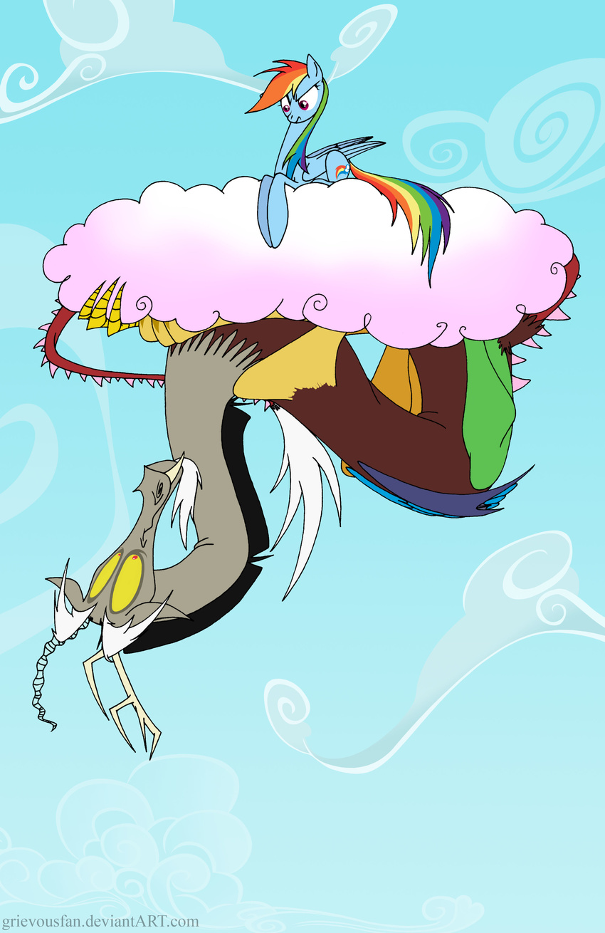 antler antlers cloud cutie_mark discord_(mlp) draconequus duo equine fangs female feral friendship_is_magic grievousfan hair horn horse male mammal multi-colored_hair my_little_pony pegasus pony purple_eyes rainbow_dash_(mlp) rainbow_hair red_eyes sky white_hair wings