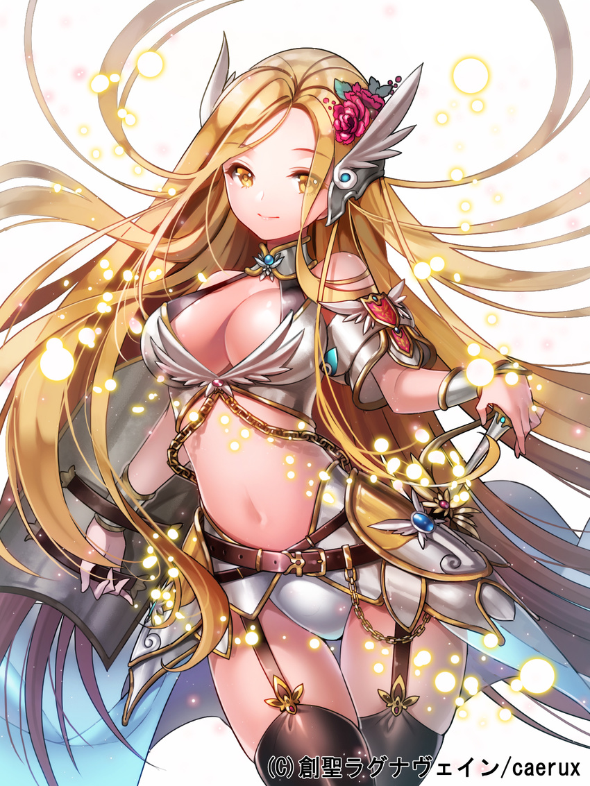 aile_(crossroads) armor bare_shoulders bikini_armor black_legwear blonde_hair breasts cleavage faulds flower garter_straps hair_flower hair_ornament headgear highres large_breasts long_hair midriff navel original shield shiny shiny_skin skindentation smile solo sousei_ragnavein sword thigh_gap thighhighs very_long_hair weapon yellow_eyes