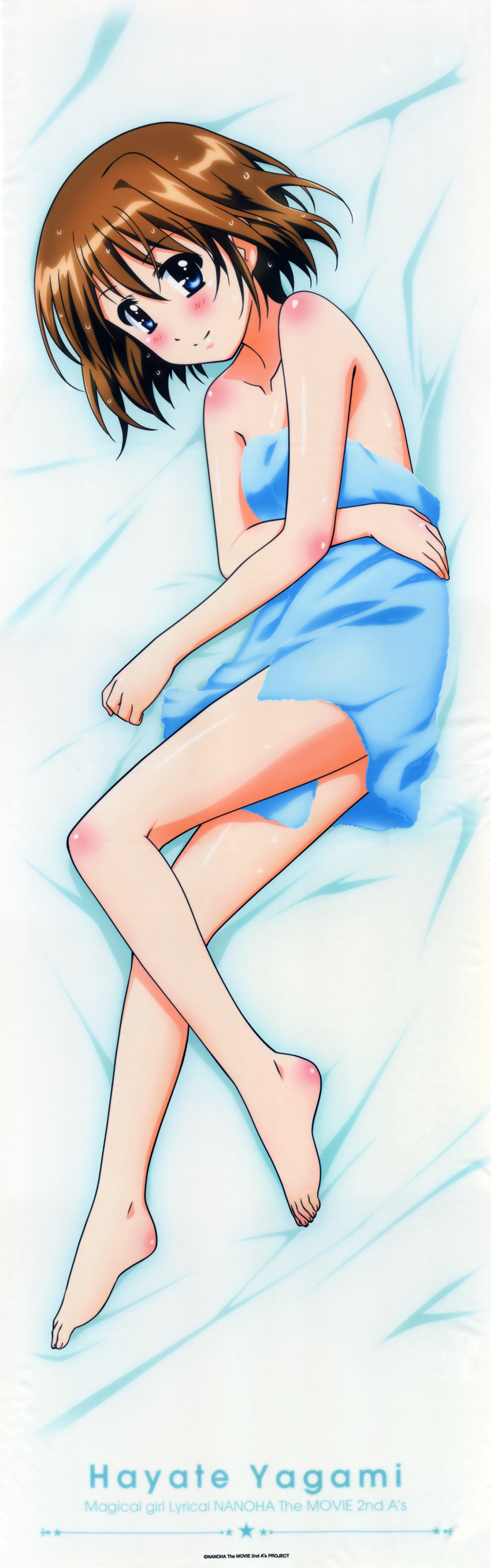 absurdres bed_sheet blue_eyes blue_towel brown_hair character_name collarbone copyright_name dakimakura from_above highres huge_filesize looking_at_viewer lying lyrical_nanoha mahou_shoujo_lyrical_nanoha mahou_shoujo_lyrical_nanoha_a's mahou_shoujo_lyrical_nanoha_the_movie_2nd_a's naked_towel on_side short_hair smile solo towel yagami_hayate