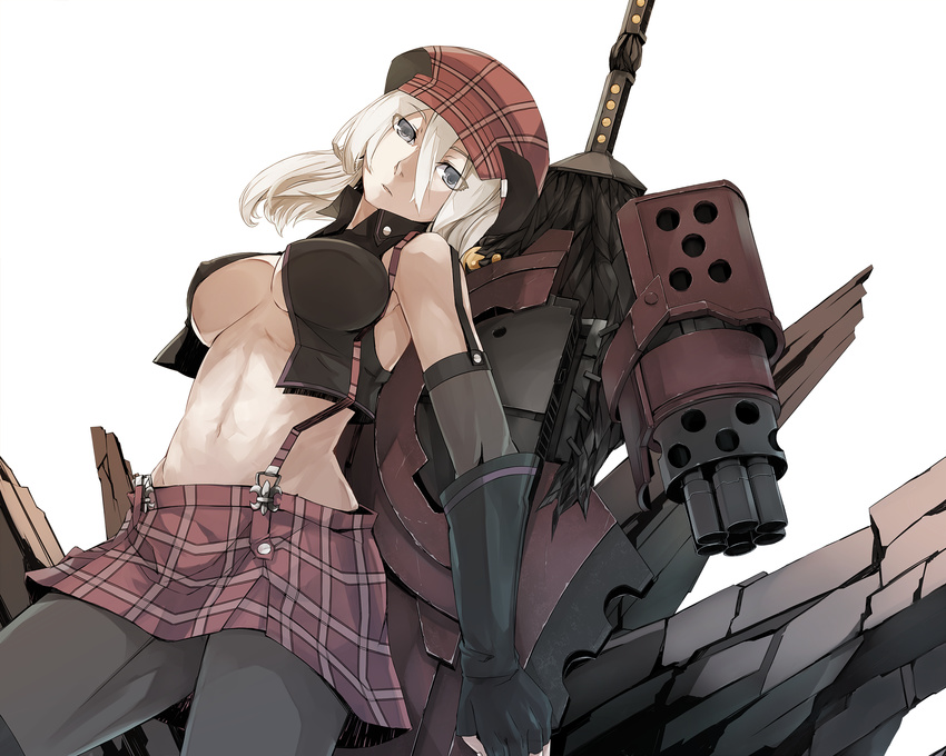 alisa_ilinichina_amiella black_legwear blonde_hair blue_eyes boots breasts cabbie_hat el_(egoistic_parade) elbow_gloves fingerless_gloves gloves god_eater god_eater_burst hat highres large_breasts long_hair looking_at_viewer machine midriff pantyhose plaid plaid_skirt simple_background skirt solo suspender_skirt suspenders thigh_boots thighhighs underboob white_background