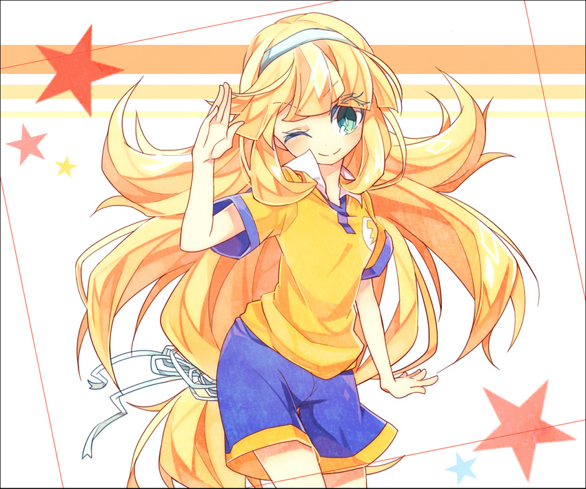 ;) blonde_hair blue_eyes fusion hairband inazuma_eleven_(series) inazuma_eleven_go inazuma_eleven_go_chrono_stone lightning_bolt long_hair low-tied_long_hair nanobana_kinako nanobana_kinako_(mixi_max_master_dragon) one_eye_closed raimon raimon_soccer_uniform smile soccer_uniform solo sportswear star very_long_hair yuui1994