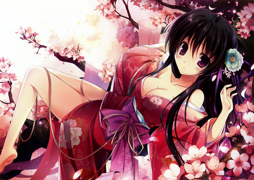 absurdres bare_shoulders barefoot black_hair blush breasts cherry_blossoms cleavage collarbone floral_print flower hair_flower hair_ornament highres japanese_clothes karory kimono long_hair looking_at_viewer lying medium_breasts non-web_source obi off_shoulder original purple_eyes sash scan solo tree