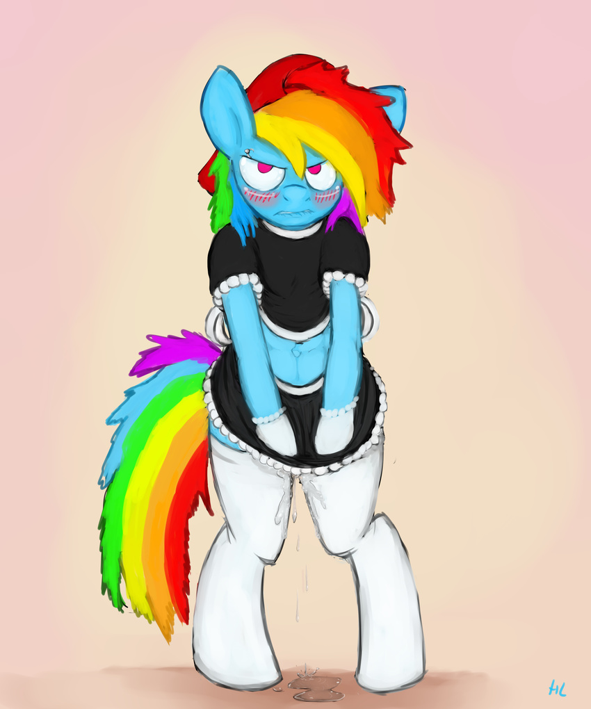 anthro anthrofied blue_fur blush clothed clothing dripping equine female friendship_is_magic front_view fur hair hat hi_res hladilnick hladilnik horse looking_at_viewer maid maid_uniform mammal multi-colored_hair my_little_pony plain_background pony purple_eyes pussy_juice rainbow_dash_(mlp) rainbow_hair solo tsundere vaginal_secretions