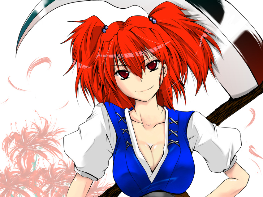 babel99 breasts highres large_breasts onozuka_komachi red_eyes red_hair scythe smile solo touhou two_side_up