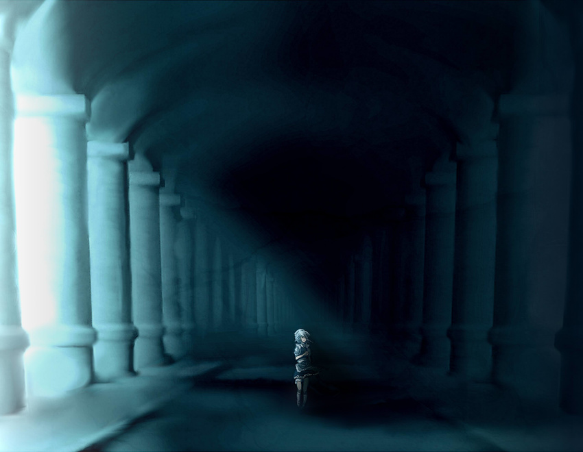 braid colonnade column dark izayoi_sakuya light perspective pillar short_hair silver_hair solo touhou twin_braids yoshioka_yoshiko