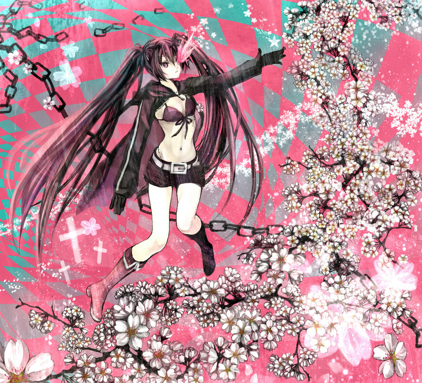 alternate_color anko_kinako bikini_top black_hair black_rock_shooter black_rock_shooter_(character) boots chain cherry_blossoms flat_chest flower legs long_hair midriff pale_skin pink scar shorts solo twintails