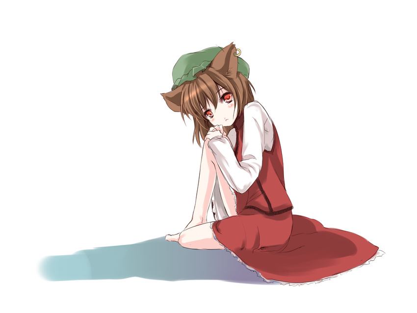 animal_ears atoshi bad_id bad_pixiv_id barefoot brown_hair cat_ears chen dress earrings highres jewelry red_eyes solo tail touhou