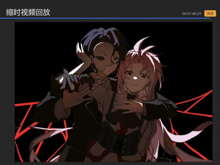 2boys antenna_hair art_program_in_frame ascot black_ascot black_corset black_hair black_jacket bow bowtie chinese_commentary closed_mouth commentary_request corset cosplay english_commentary erik_(phantom_of_the_opera) erik_(phantom_of_the_opera)_(cosplay) half_mask hand_on_another's_chest hand_on_another's_head hatsutori_hajime highres holding_another's_arm jacket long_hair long_sleeves male_focus mask mixed-language_commentary multiple_boys parted_bangs phantom_of_the_opera pink_hair procreate_(medium) procreate_(software) red_eyes saibou_shinkyoku shirt shise_jin smile utsugi_noriyuki white_bow white_bowtie white_shirt yellow_eyes