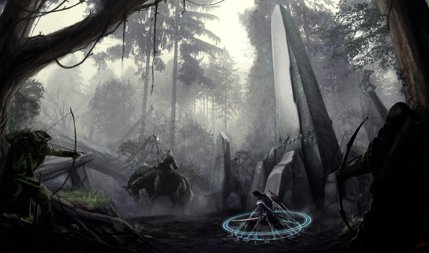 3boys absurdres bow_(weapon) copyright_request forest highres horse horseback_riding magic_circle multiple_boys nature obelisk okita riding robe staff sword tree weapon