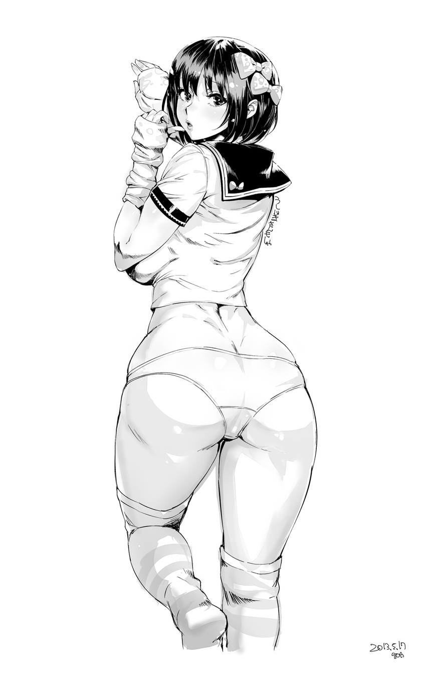 ass bow breasts dated greyscale hair_bow highres impossible_clothes impossible_shirt large_breasts looking_at_viewer monochrome original orushibu parted_lips school_uniform serafuku shirt short_hair simple_background skindentation socks solo thick_thighs thighs white_background