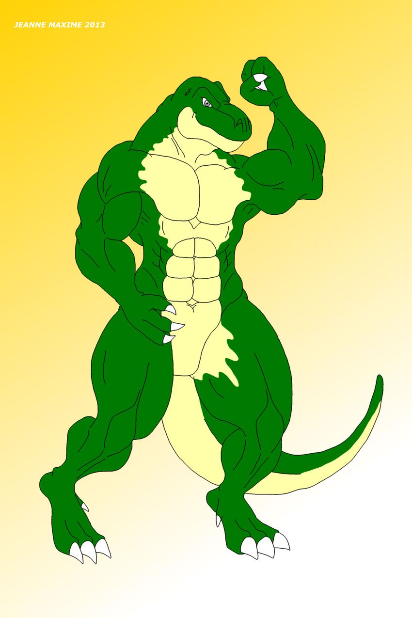 abs anthro biceps claws dinosaur flexing green_skin grey_eyes grin male maxime-jeanne muscles nude pecs pose reptile scales scalie sheath smile solo standing theropod thomas_carter toe_claws toned tyrannosaurus_rex yellow_skin